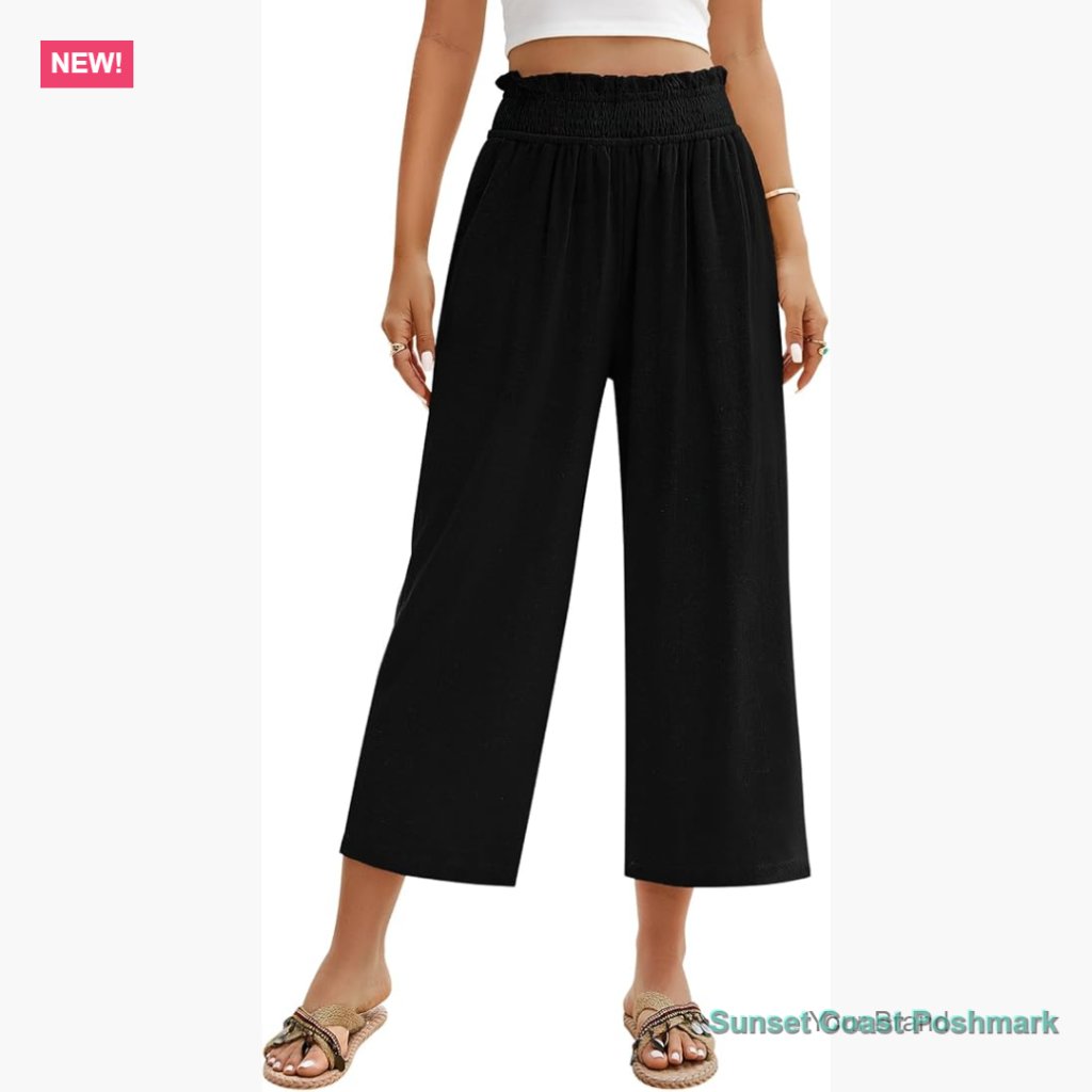 High Waisted Wide Leg Linen Palazzo Pants With Elastic Smock Waist